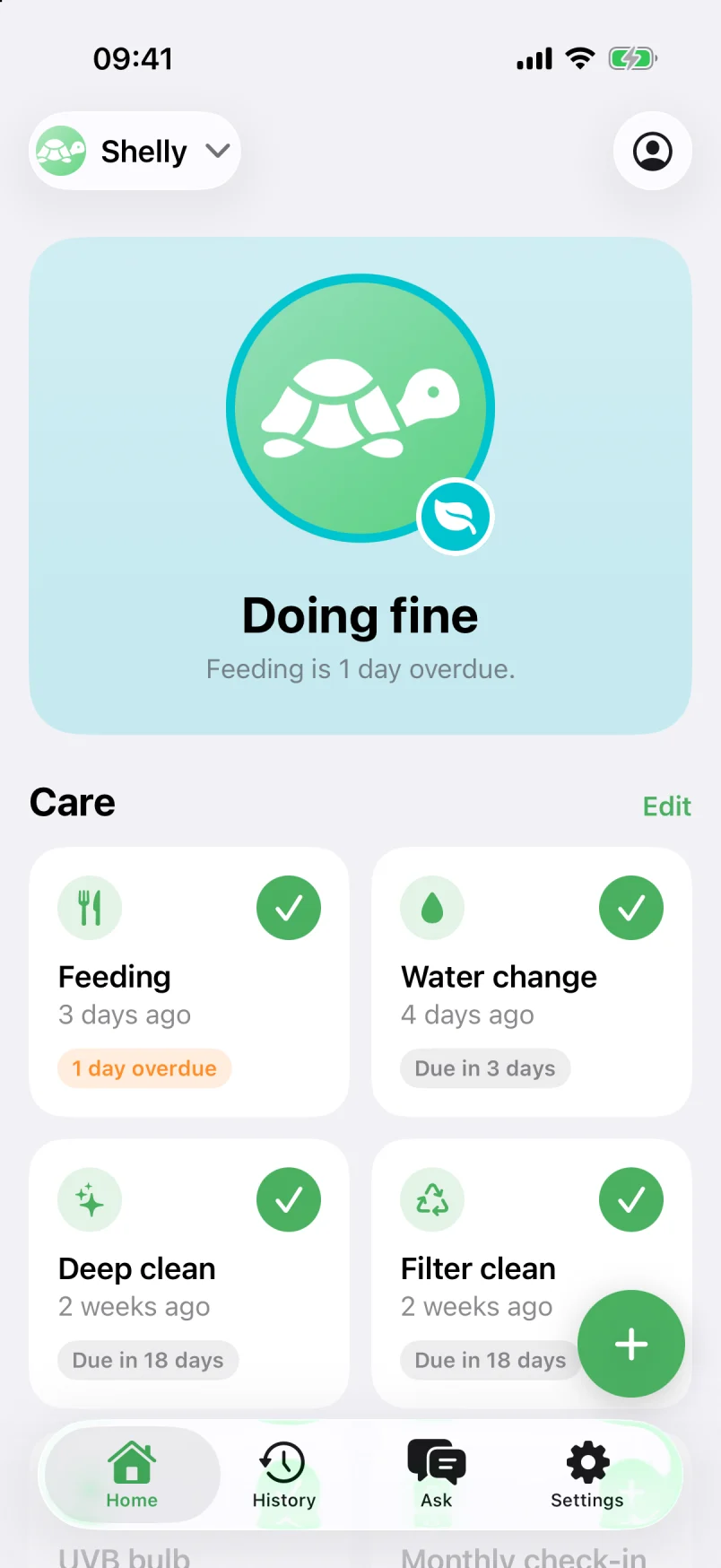Home for a turtle named Shelly: her mood is Doing fine because feeding is 1 day overdue, with care cards for feeding, water change, deep clean and filter clean.