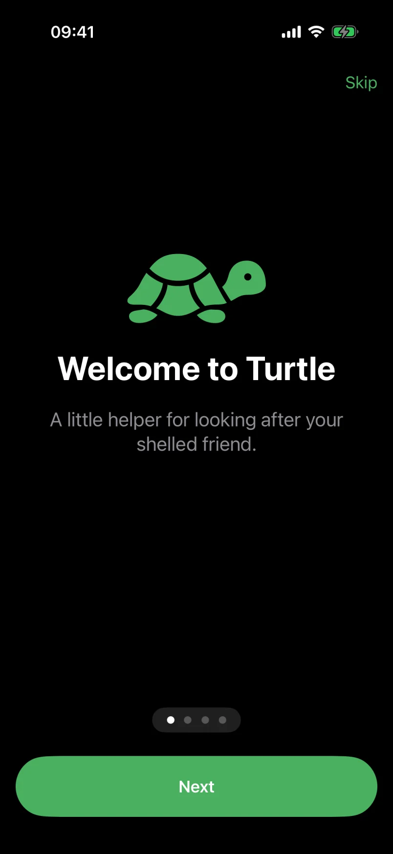 The welcome screen: Welcome to ShellPal, a little helper for looking after your shelled friend.