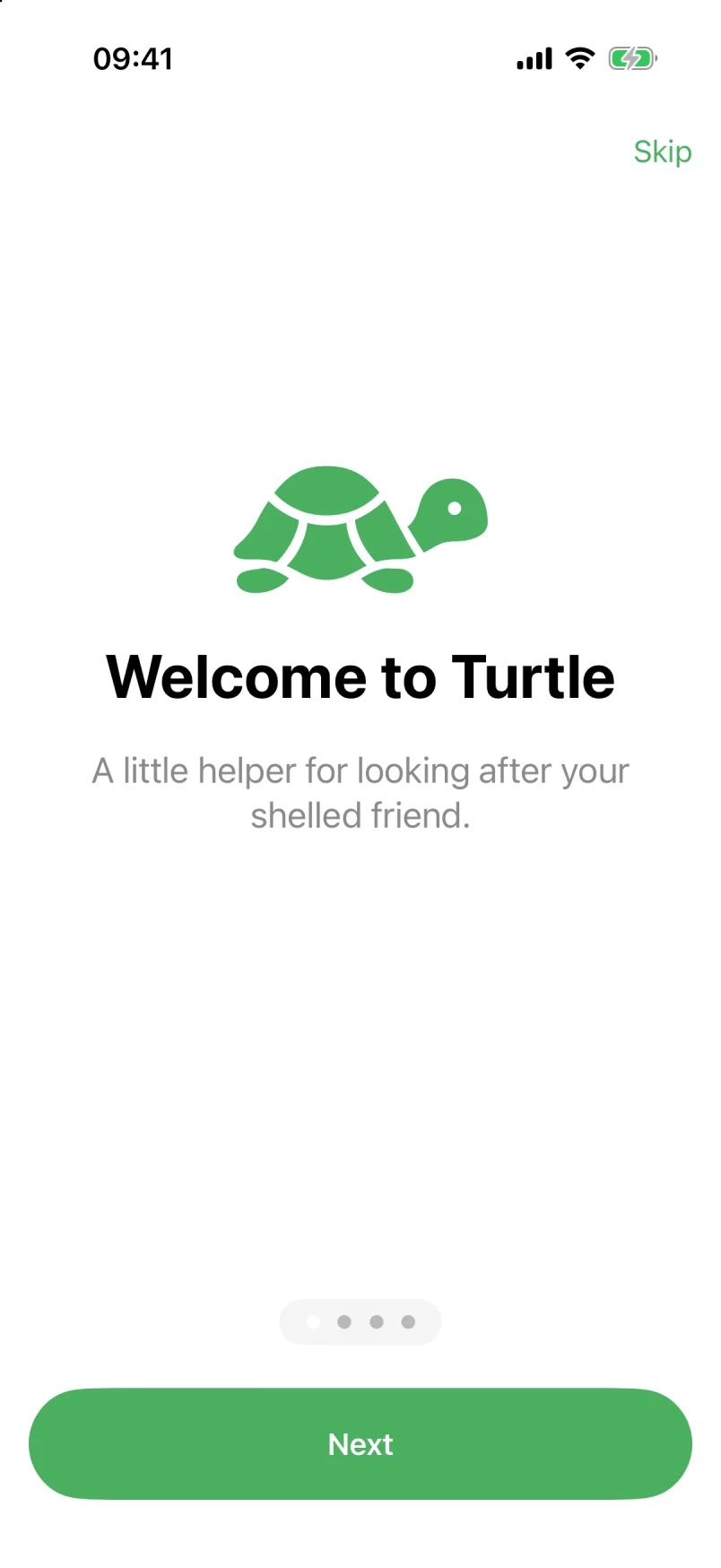 The welcome screen: Welcome to ShellPal, a little helper for looking after your shelled friend.